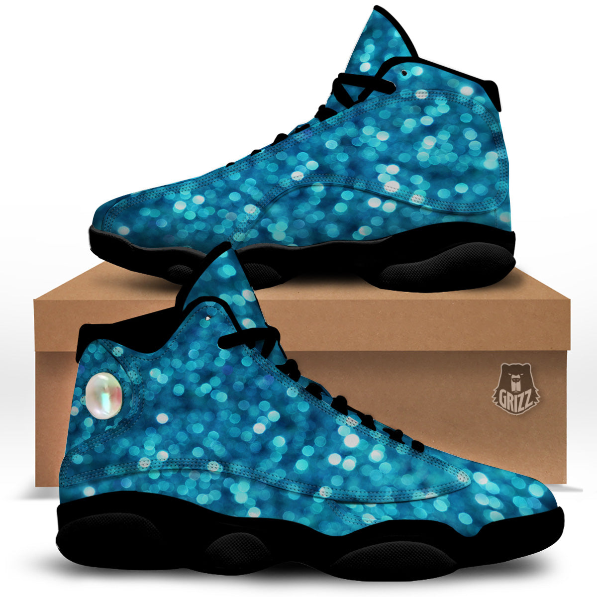 Light Blue Sparkle Print Black Basketball Shoes-grizzshop