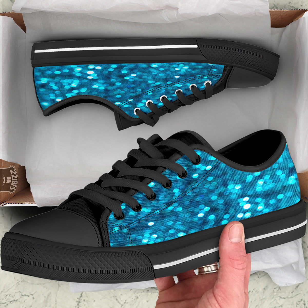 Light Blue Sparkle Print Black Low Top Shoes-grizzshop