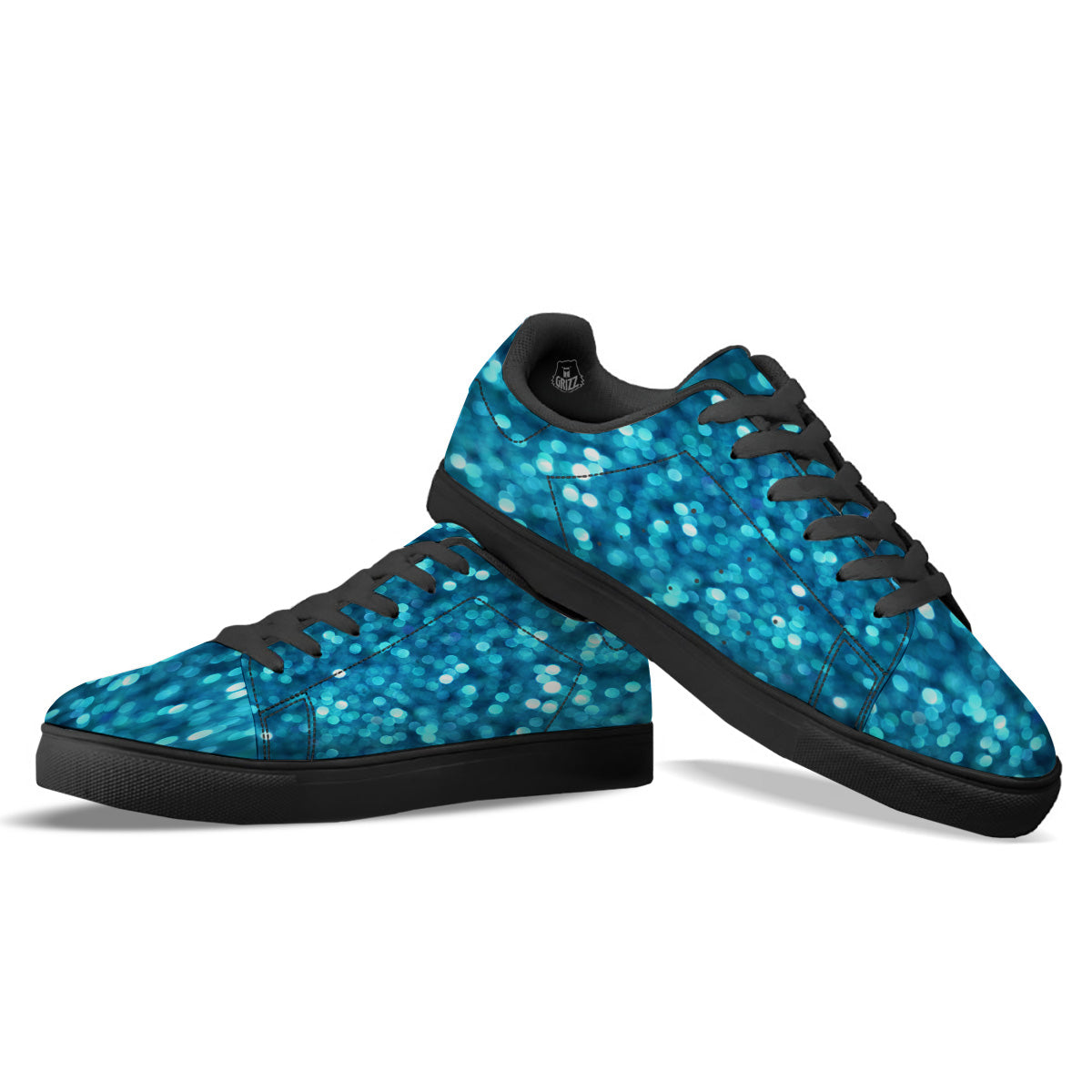 Light Blue Sparkle Print Black Low Top Sneakers-grizzshop