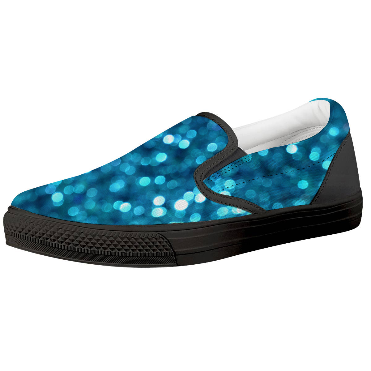 Light Blue Sparkle Print Black Slip On Shoes-grizzshop