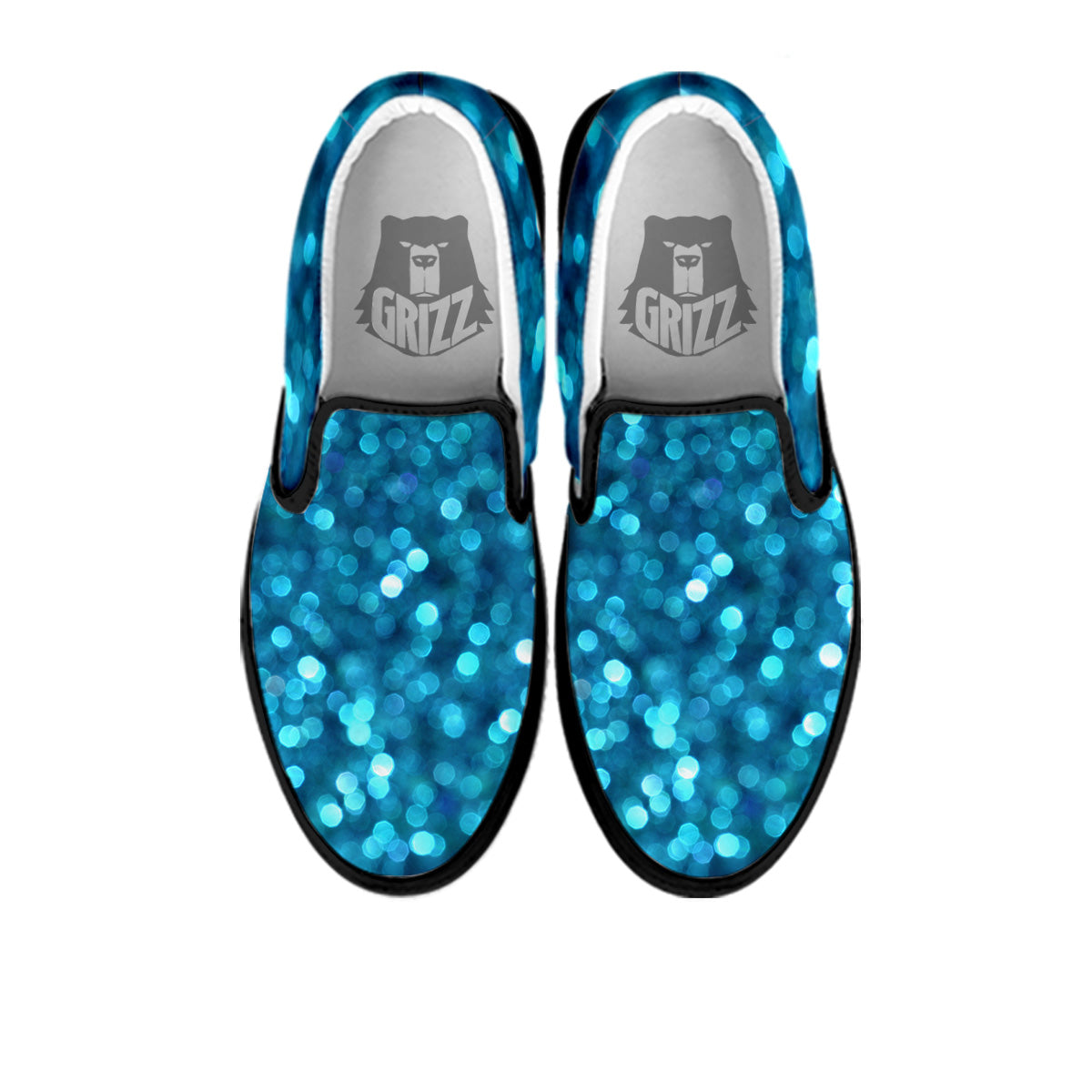 Light Blue Sparkle Print Black Slip On Shoes-grizzshop
