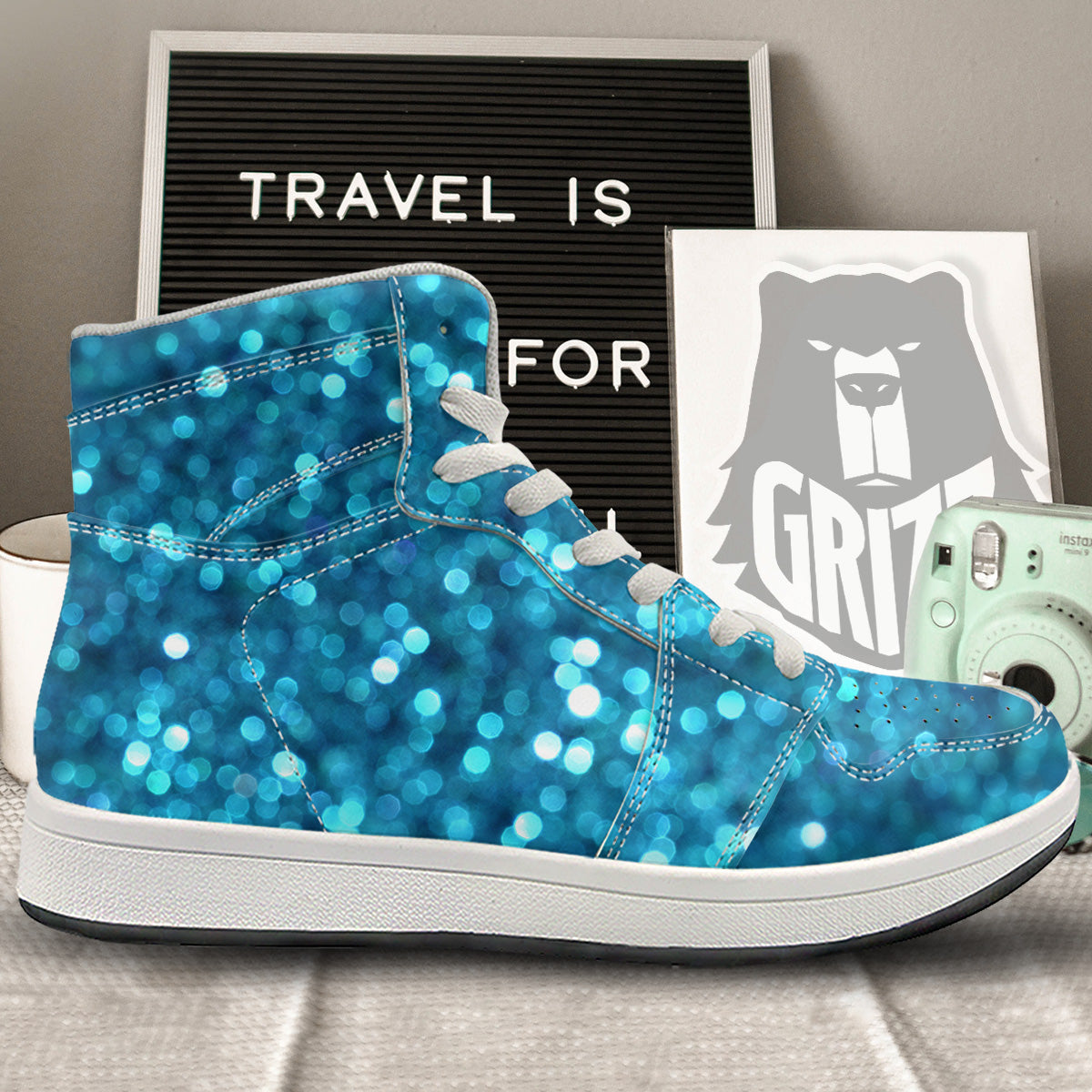 Light Blue Sparkle Print High Top Sneakers-grizzshop