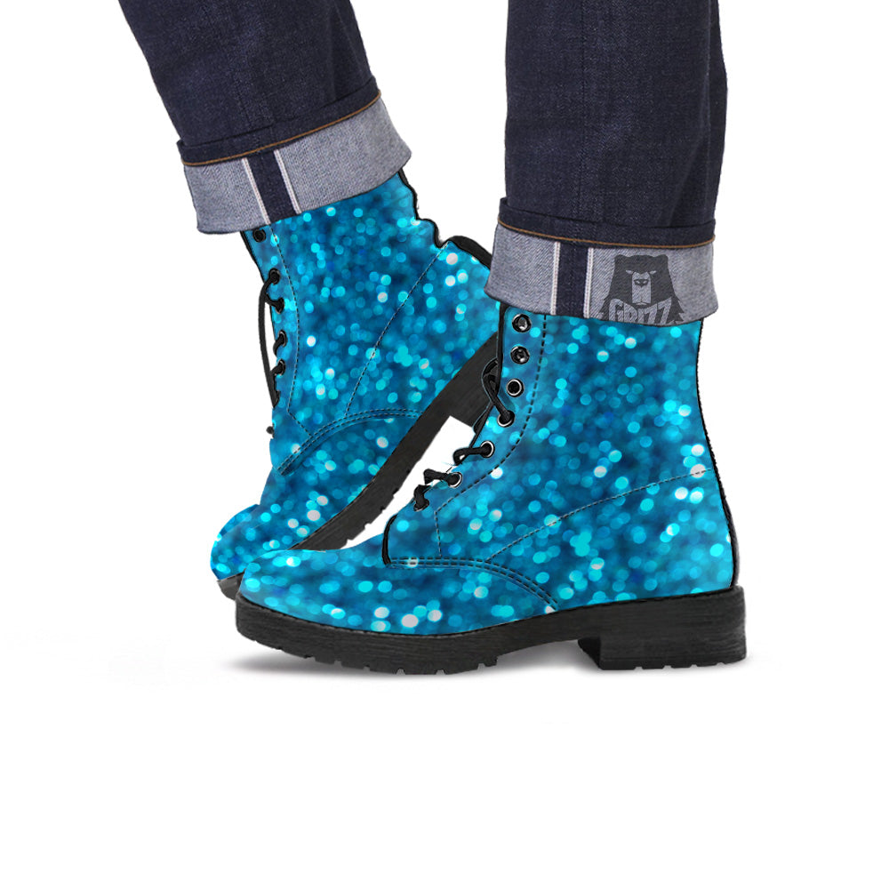 Light Blue Sparkle Print Leather Boots-grizzshop