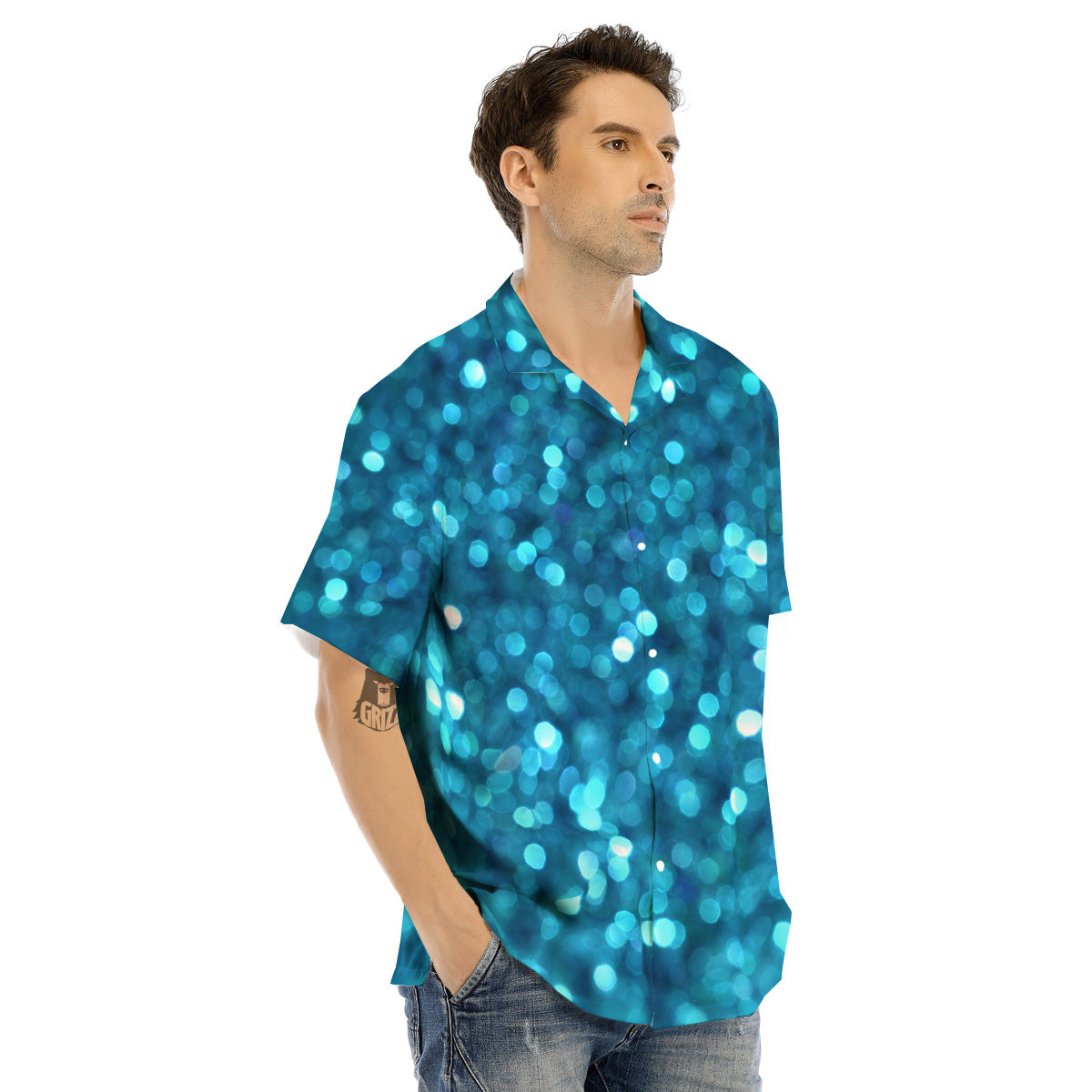 Light Blue Sparkle Print Men's Hawaiian Shirt-grizzshop