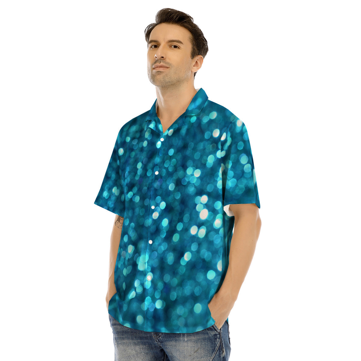 Light Blue Sparkle Print Men's Hawaiian Shirt-grizzshop