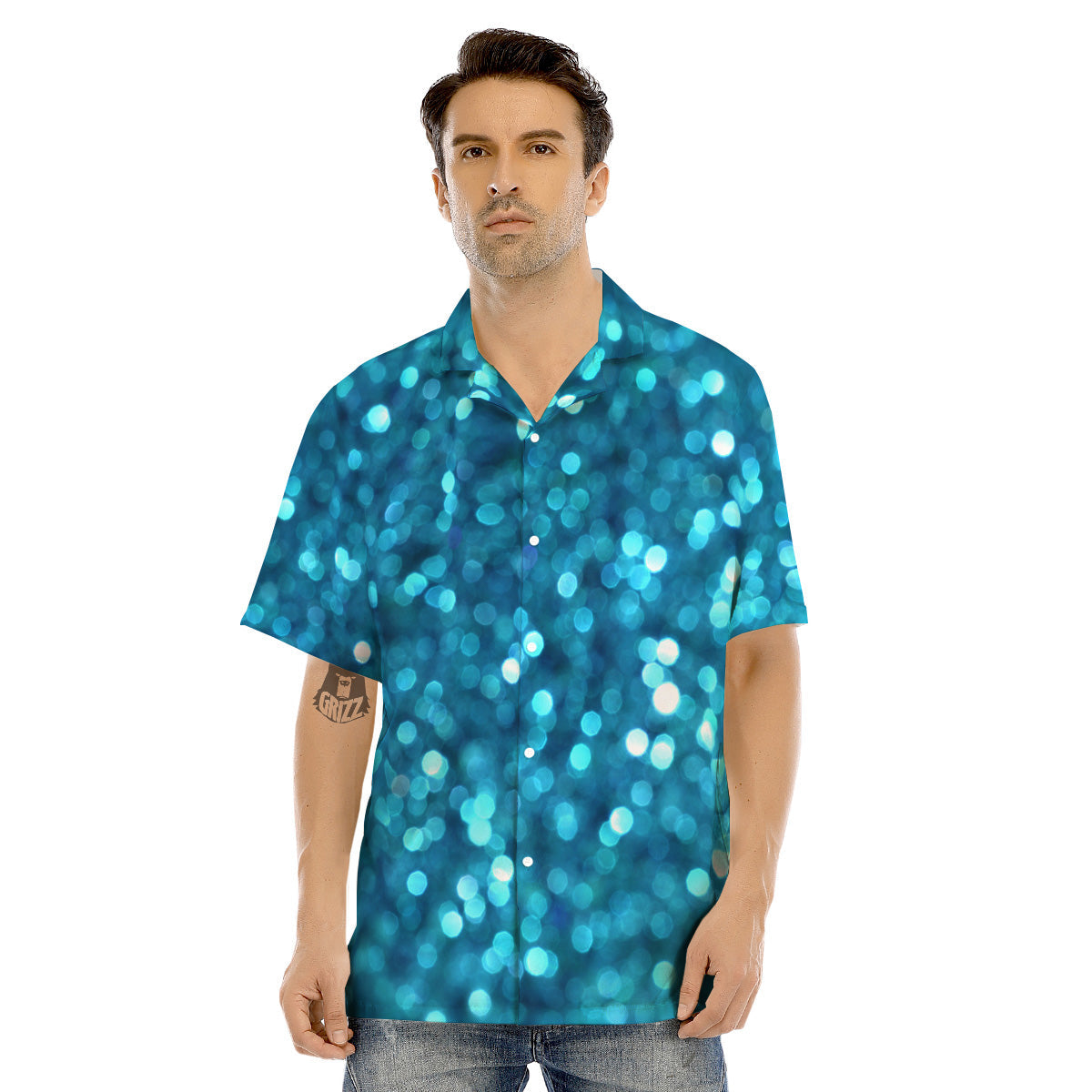 Light Blue Sparkle Print Men's Hawaiian Shirt-grizzshop