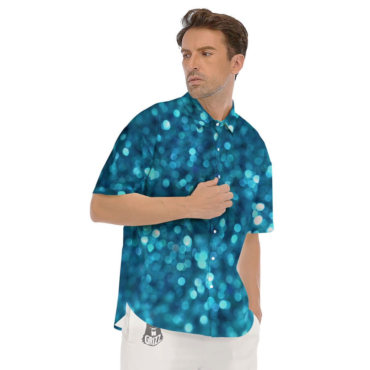Light Blue Sparkle Print Men's Short Sleeve Shirts-grizzshop