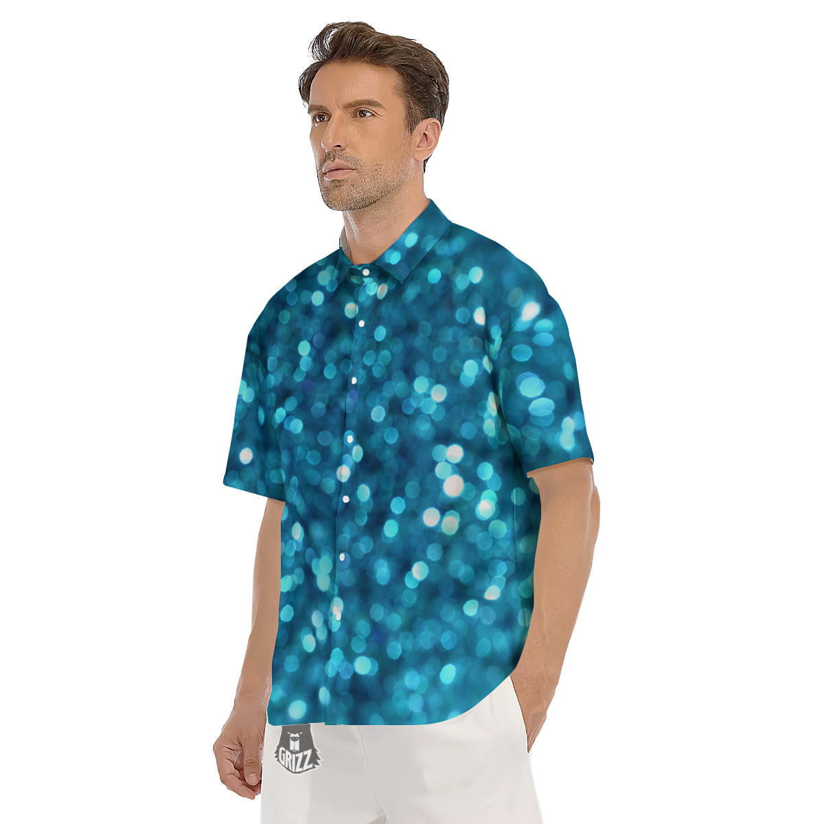Light Blue Sparkle Print Men's Short Sleeve Shirts-grizzshop