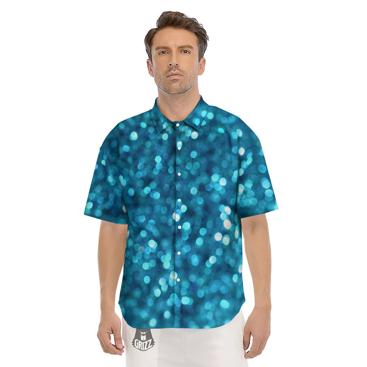 Light Blue Sparkle Print Men's Short Sleeve Shirts-grizzshop