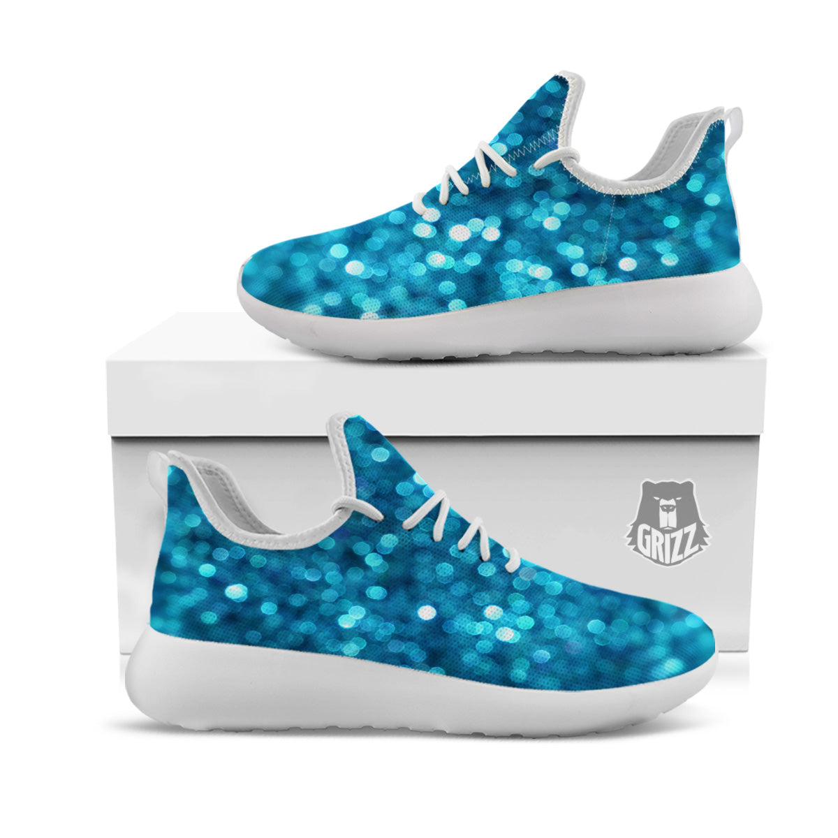 Light Blue Sparkle Print White Athletic Shoes-grizzshop