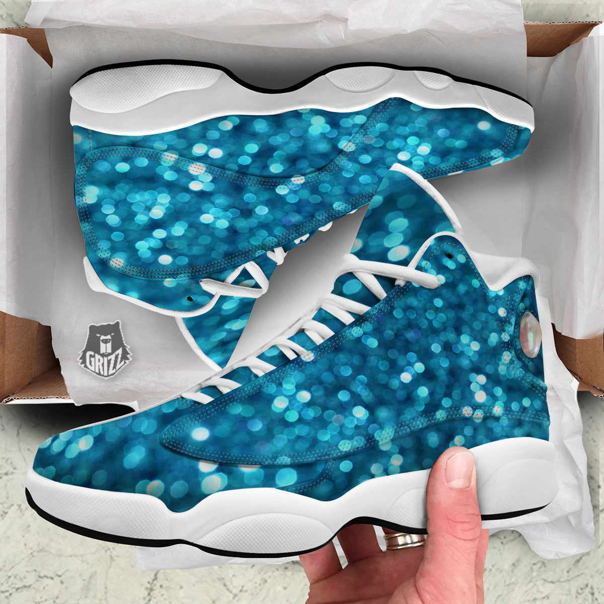 Light Blue Sparkle Print White Basketball Shoes-grizzshop