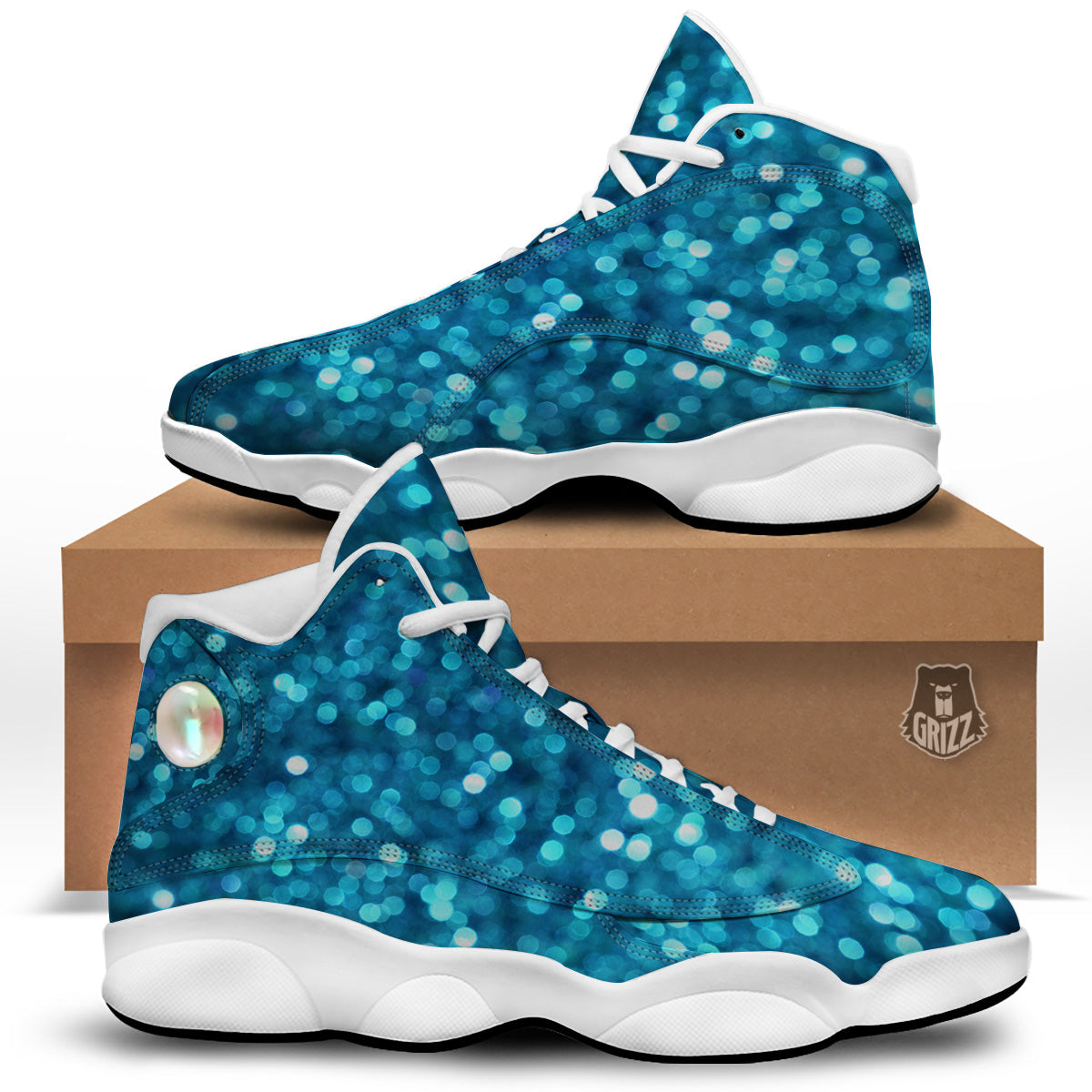 Light Blue Sparkle Print White Basketball Shoes-grizzshop