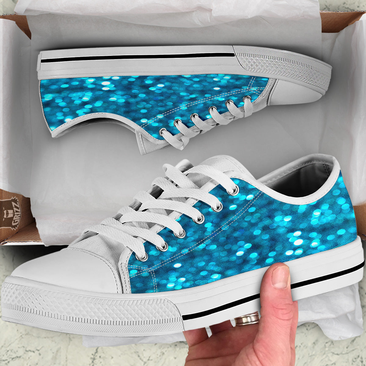 Light Blue Sparkle Print White Low Top Shoes-grizzshop