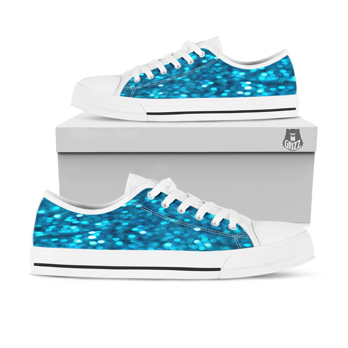 Light Blue Sparkle Print White Low Top Shoes-grizzshop