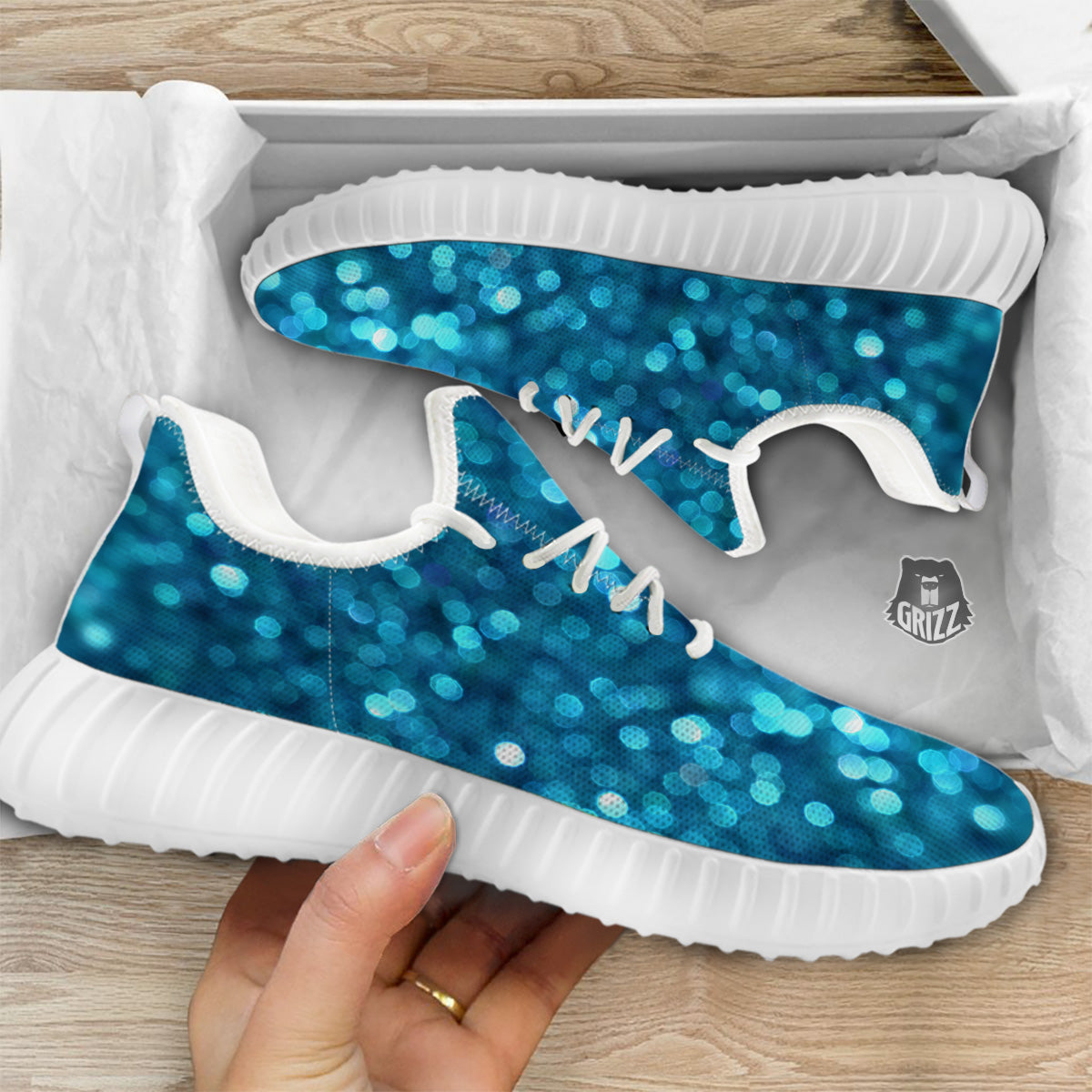 Light Blue Sparkle Print White Walking Shoes-grizzshop