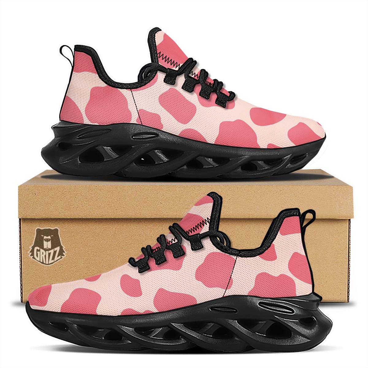 Light Pink Cow Print Black Running Shoes-grizzshop