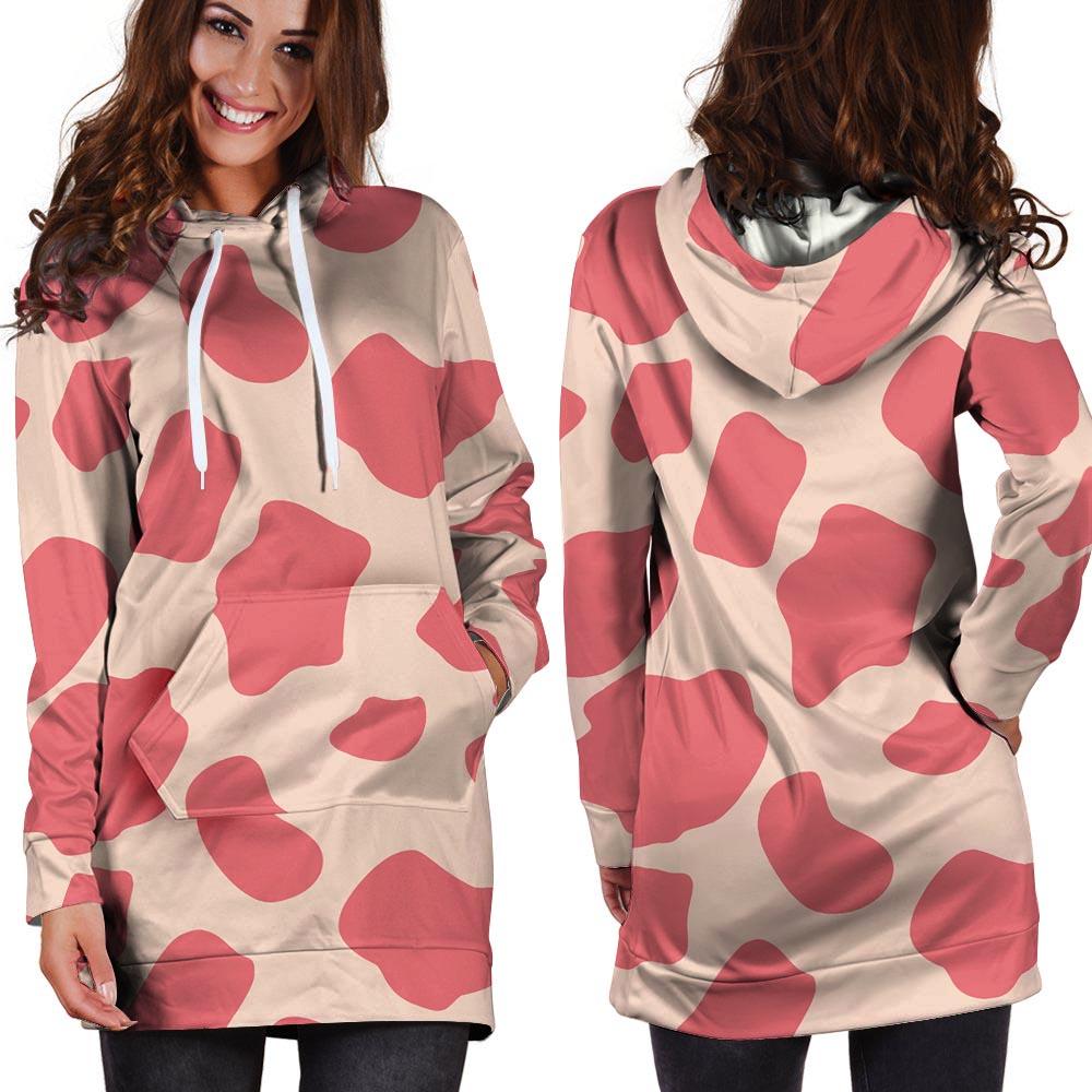 Light Pink Cow Print Hoodie Dress-grizzshop