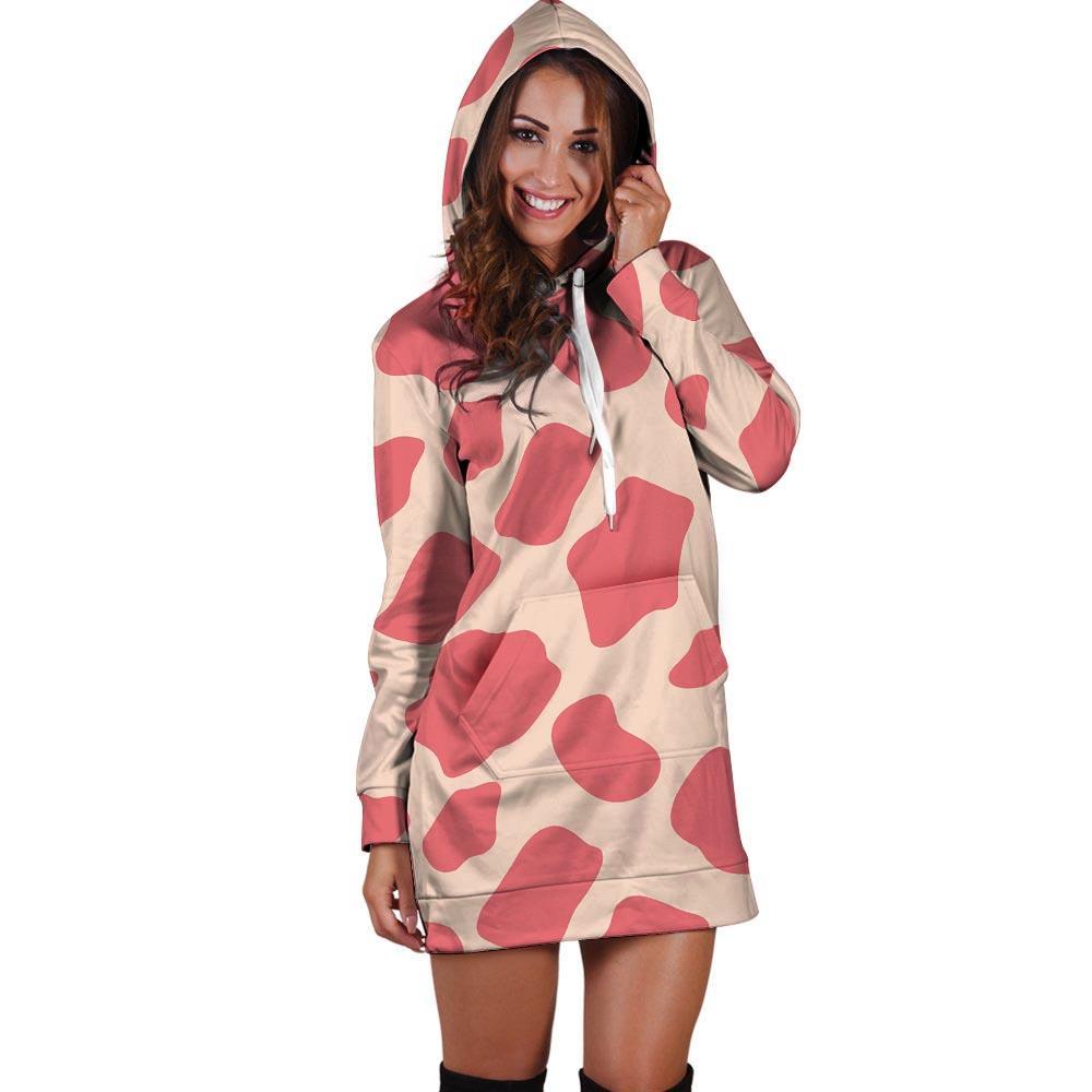 Light Pink Cow Print Hoodie Dress-grizzshop