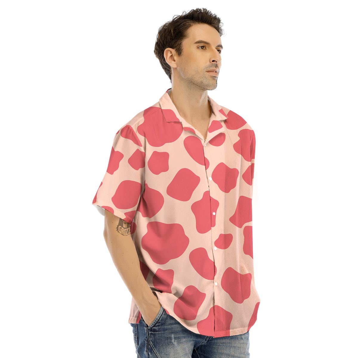 Light Pink Cow Print Men’s Hawaiian Shirt-grizzshop