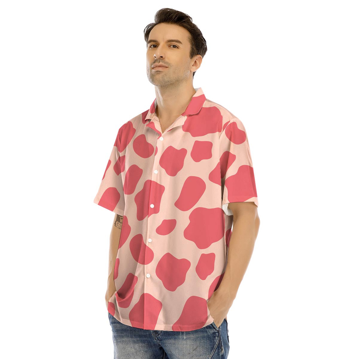 Light Pink Cow Print Men’s Hawaiian Shirt-grizzshop