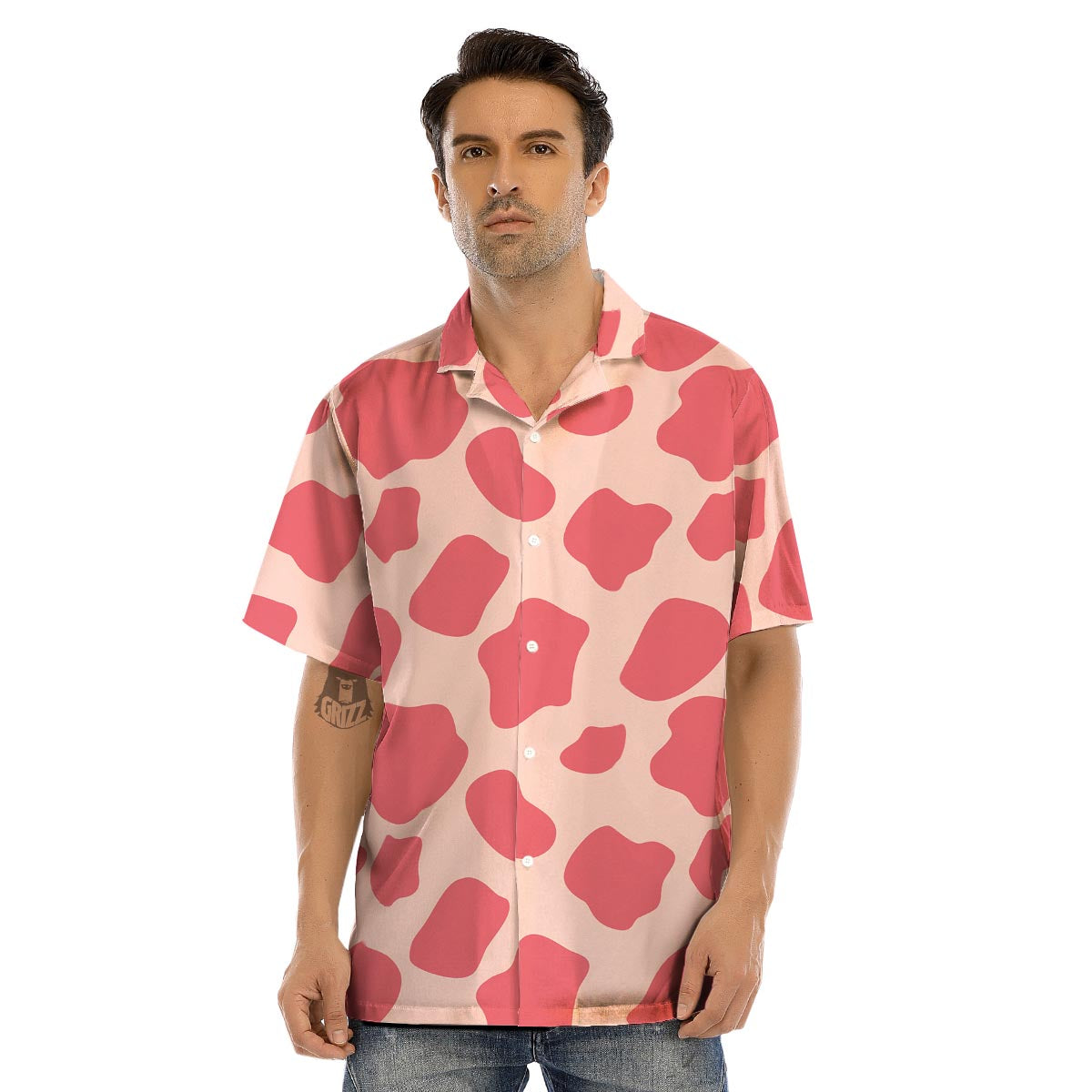 Light Pink Cow Print Men’s Hawaiian Shirt-grizzshop