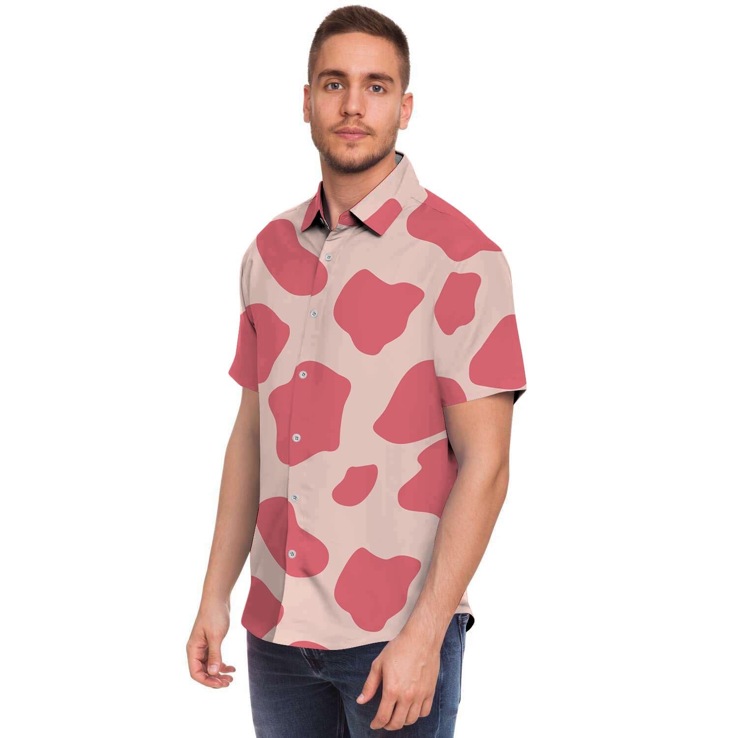 Light Pink Cow Print Men's Short Sleeve Shirt-grizzshop