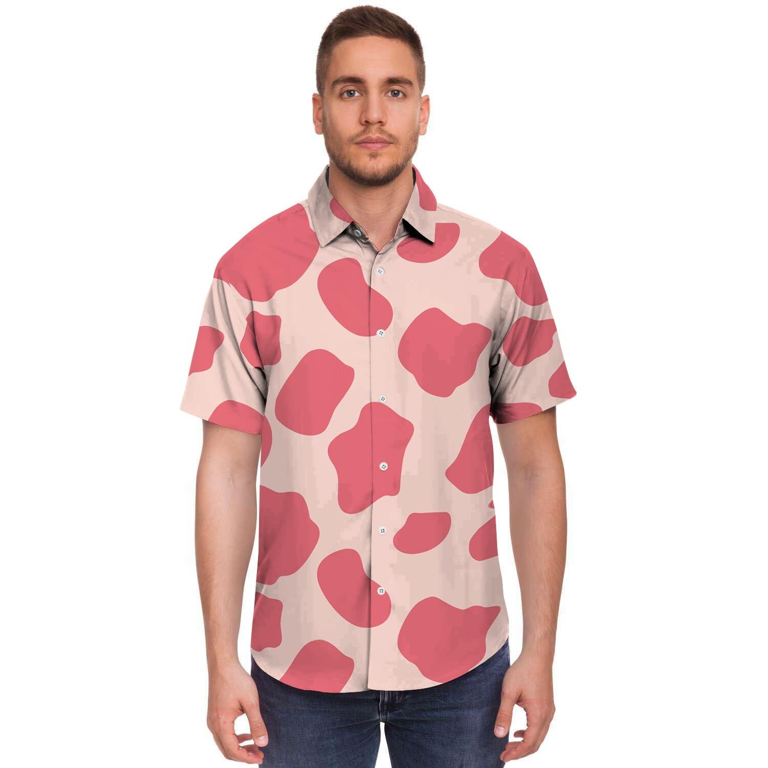 Light Pink Cow Print Men's Short Sleeve Shirt-grizzshop