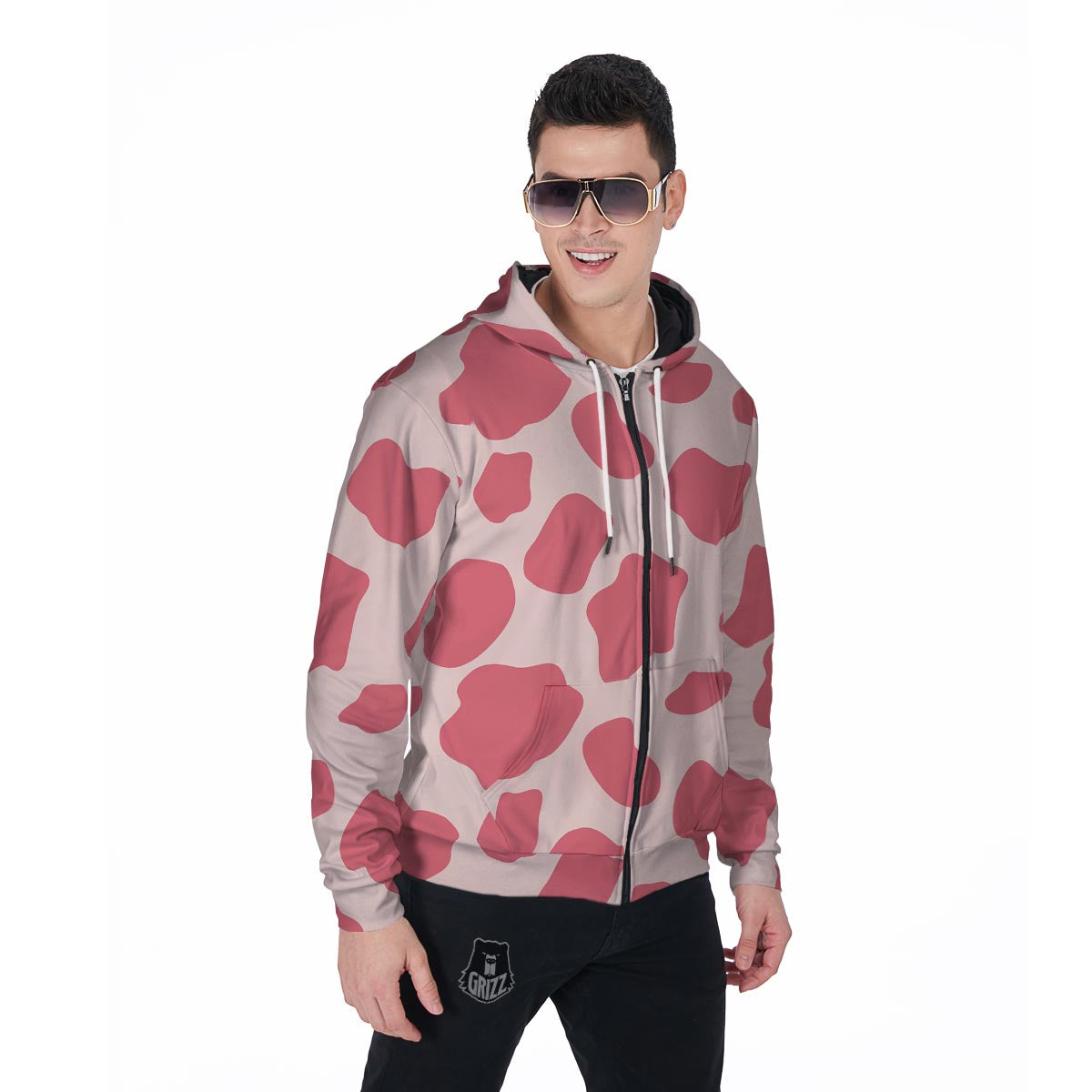 Light Pink Cow Print Men's Zip Up Hoodie-grizzshop