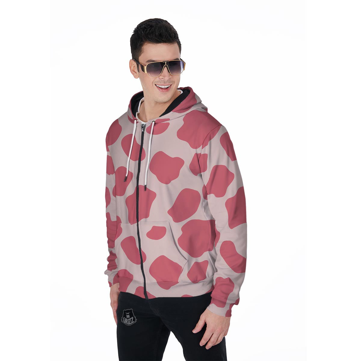 Light Pink Cow Print Men's Zip Up Hoodie-grizzshop