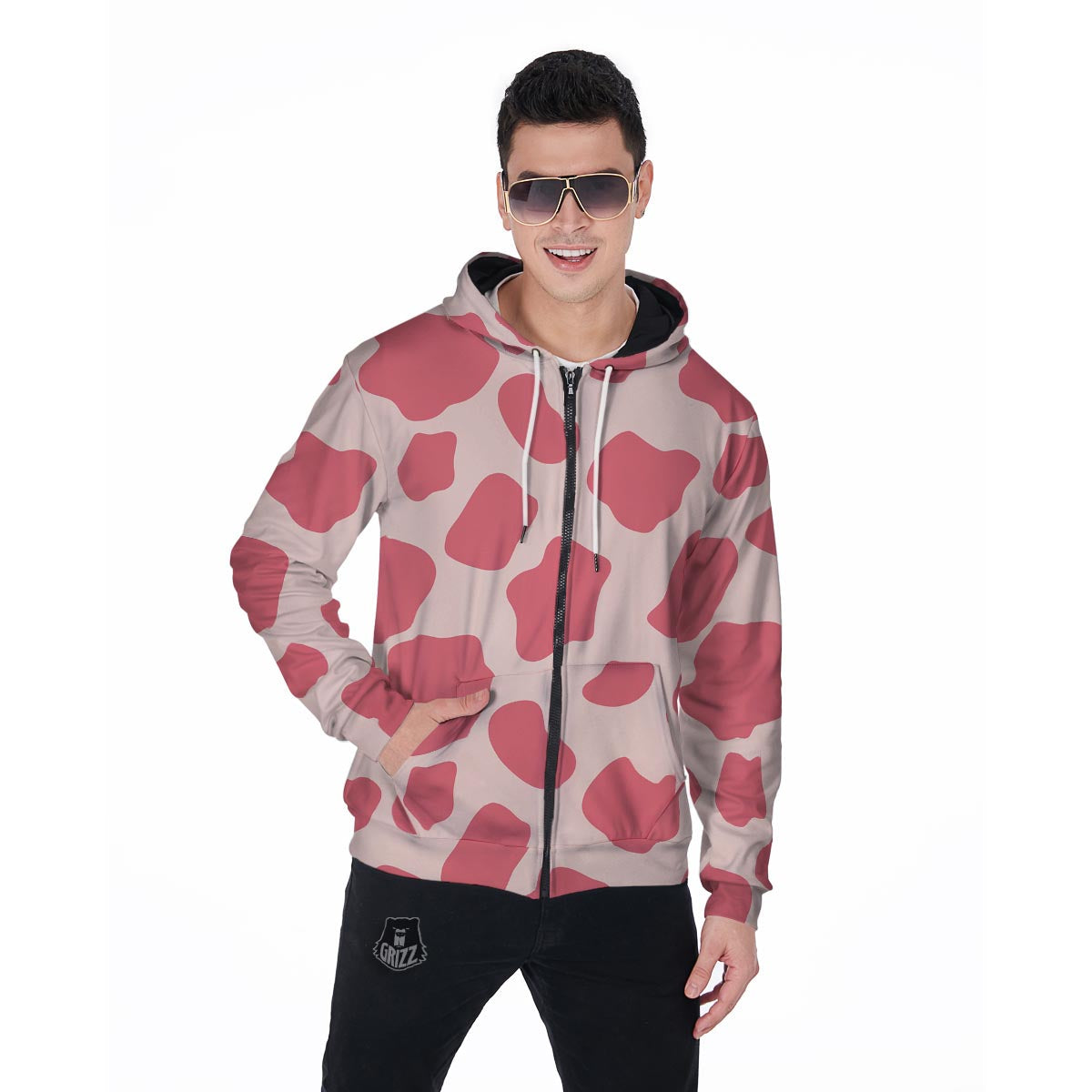 Light Pink Cow Print Men's Zip Up Hoodie-grizzshop