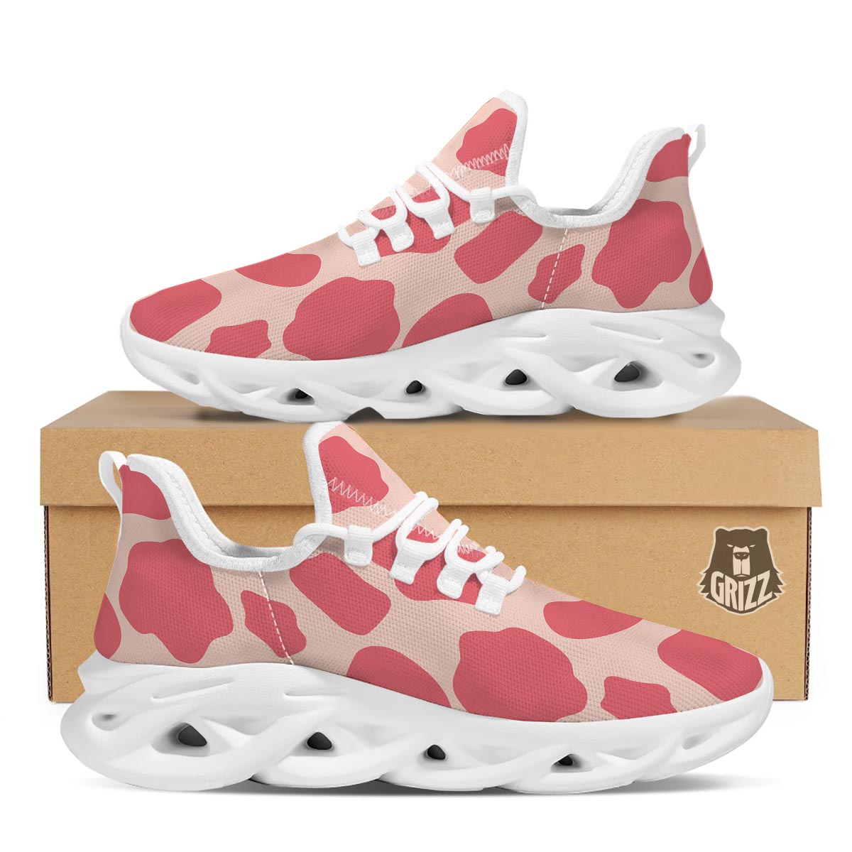 Light Pink Cow Print White Running Shoes-grizzshop