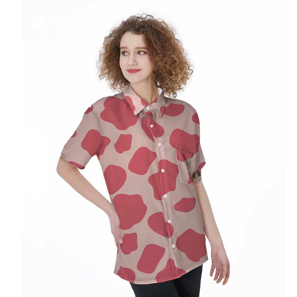 Light Pink Cow Print Women's Short Sleeve Shirts-grizzshop