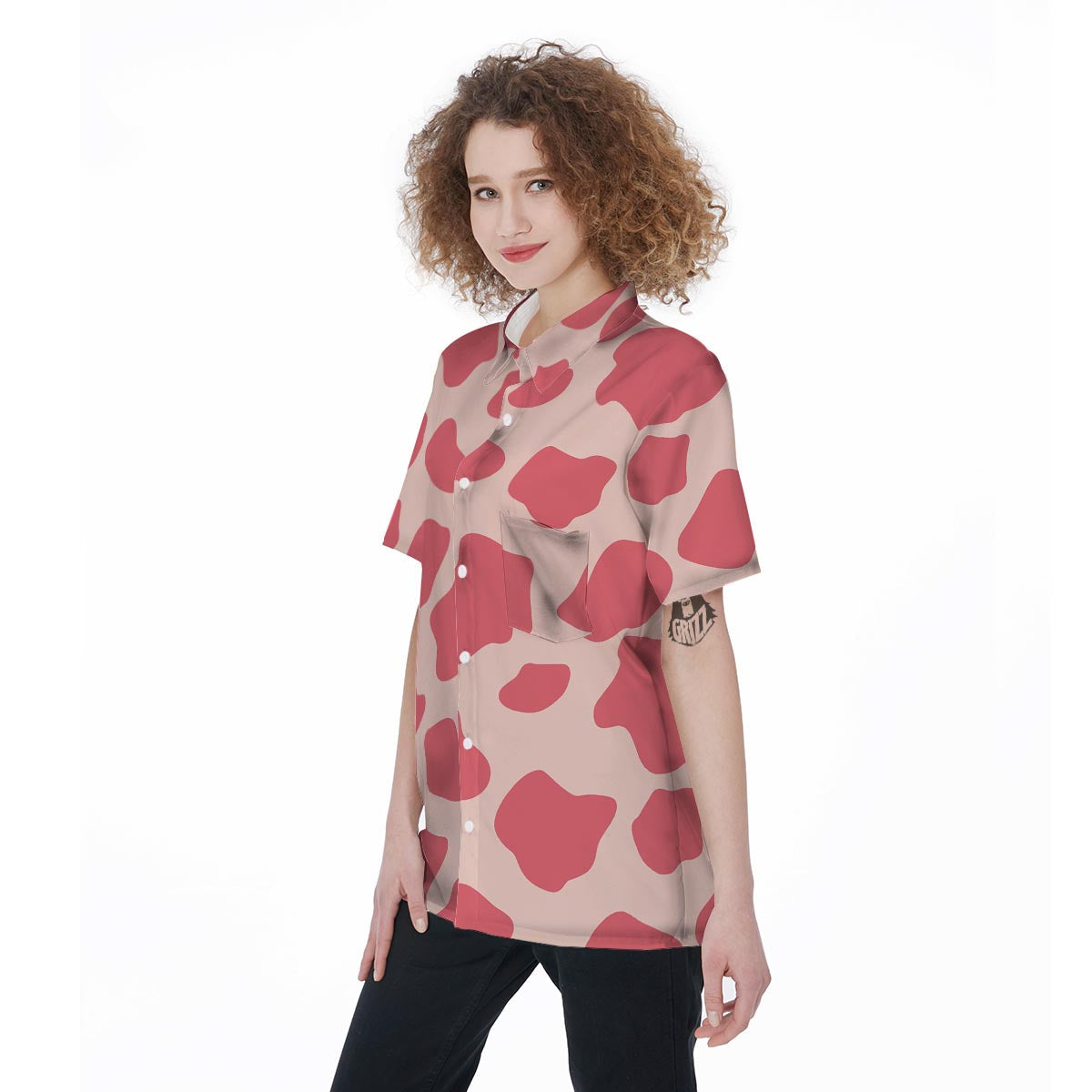 Light Pink Cow Print Women's Short Sleeve Shirts-grizzshop