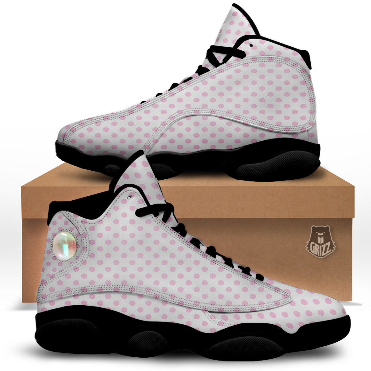 Light Pink Dots And White Print Pattern Black Basketball Shoes-grizzshop