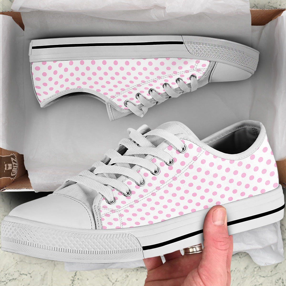 Light Pink Dots And White Print Pattern White Low Top Shoes-grizzshop