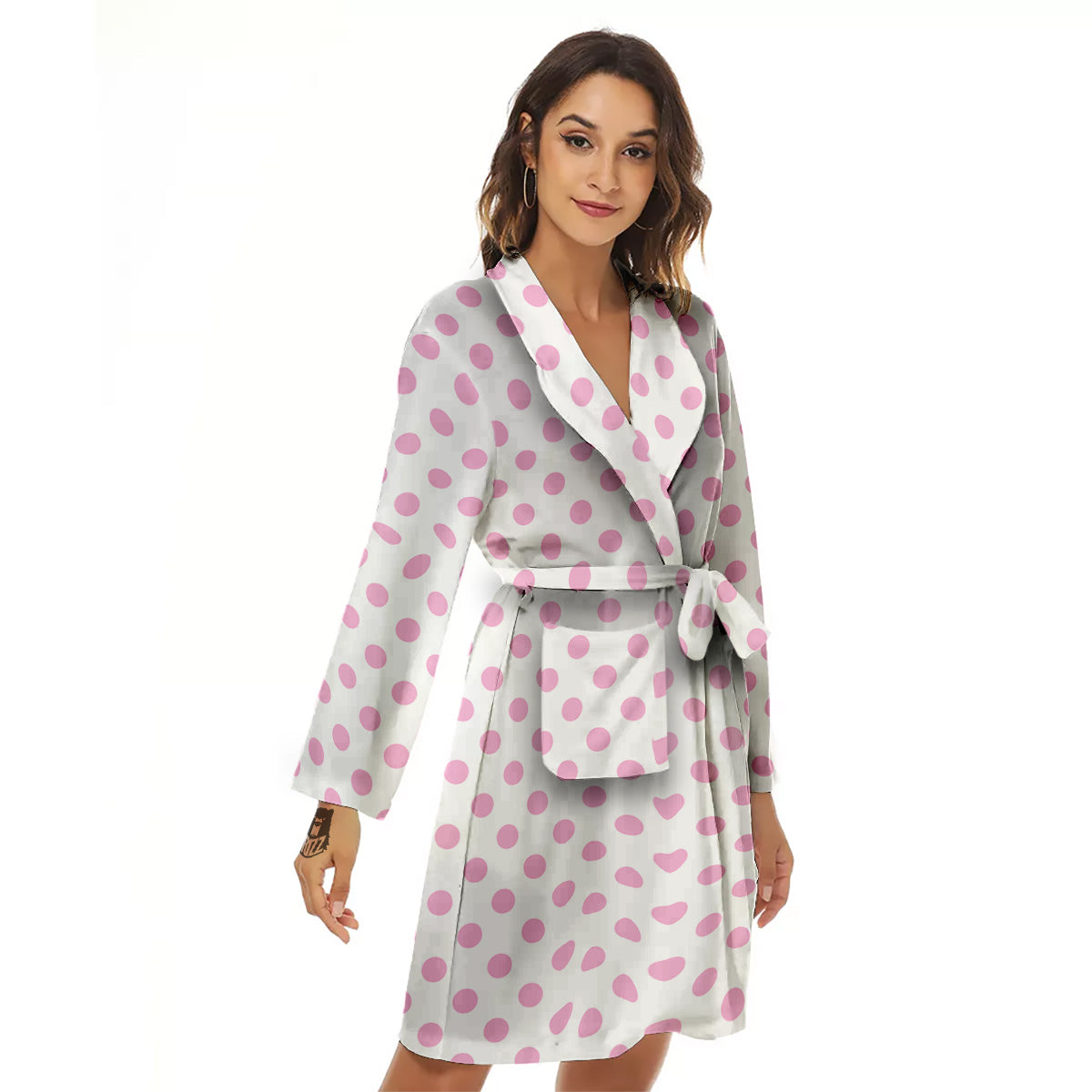 Light Pink Dots And White Print Pattern Women's Robe-grizzshop