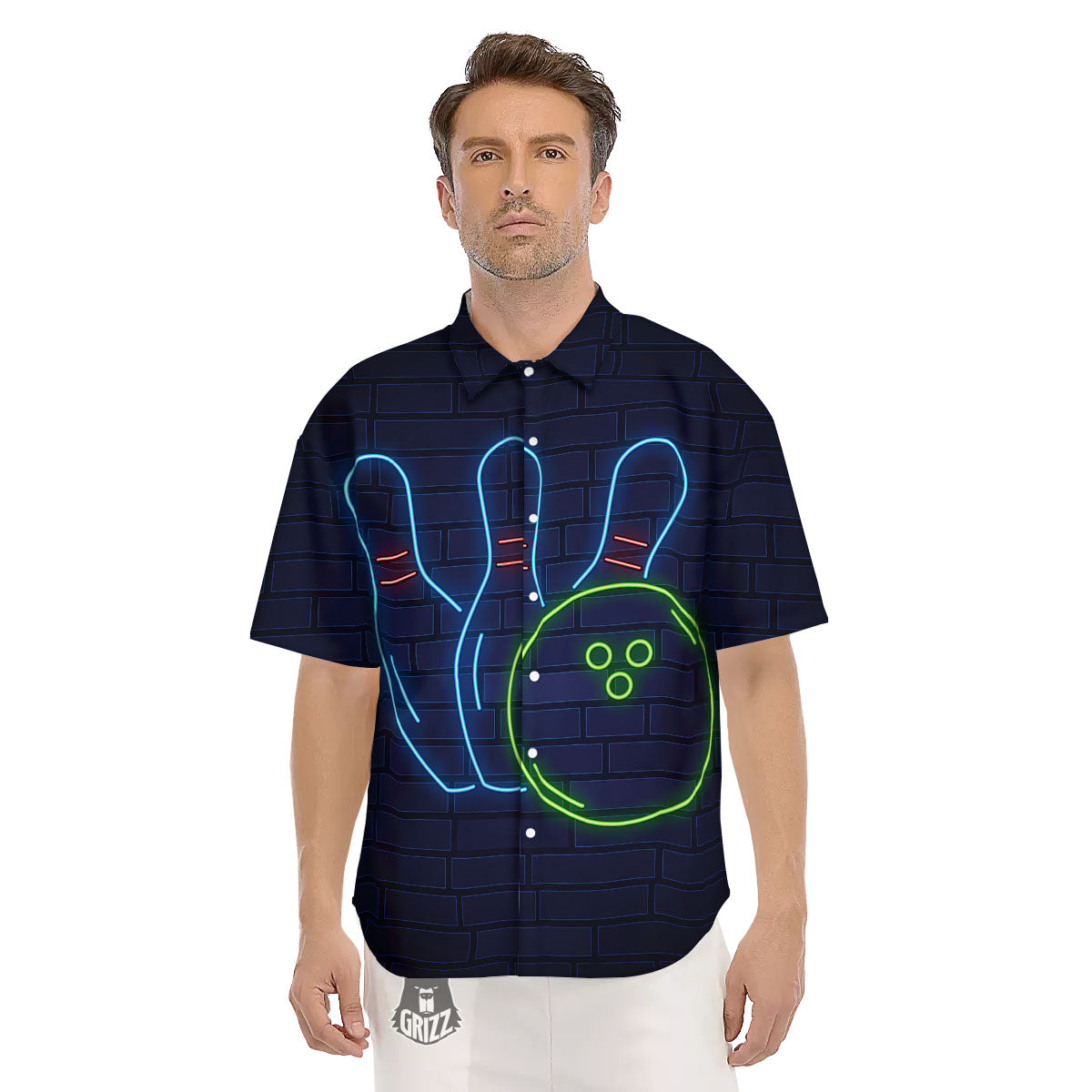 Light Up Bowling Pins Print Men's Short Sleeve Shirts-grizzshop