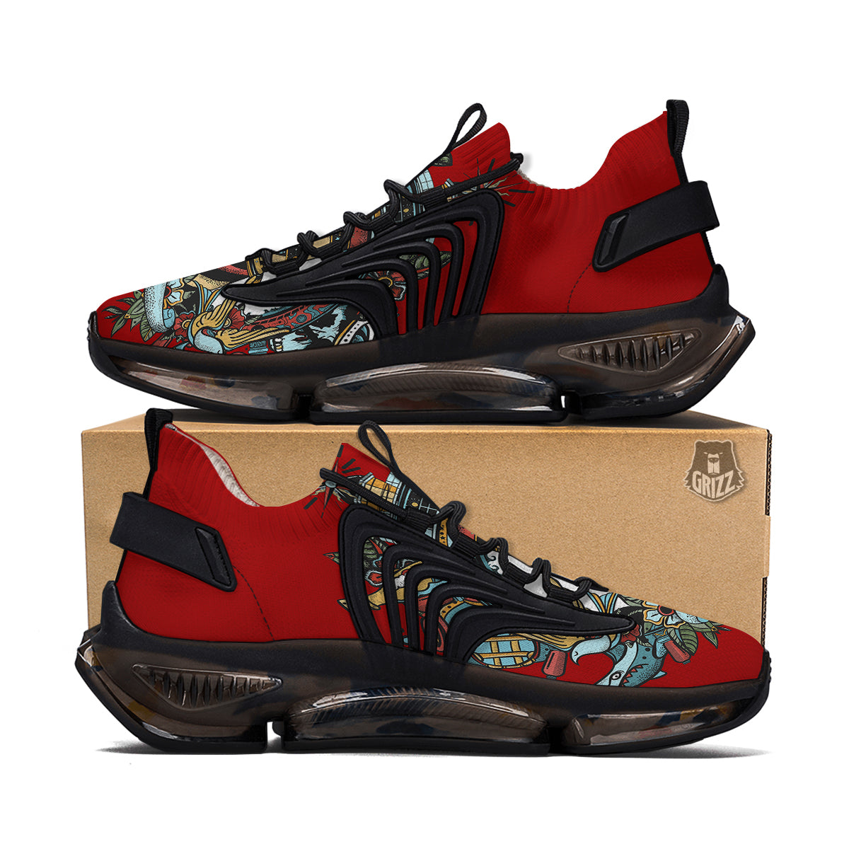 Lighthouse Sea Adventure Tattoo Print Black Gym Shoes-grizzshop