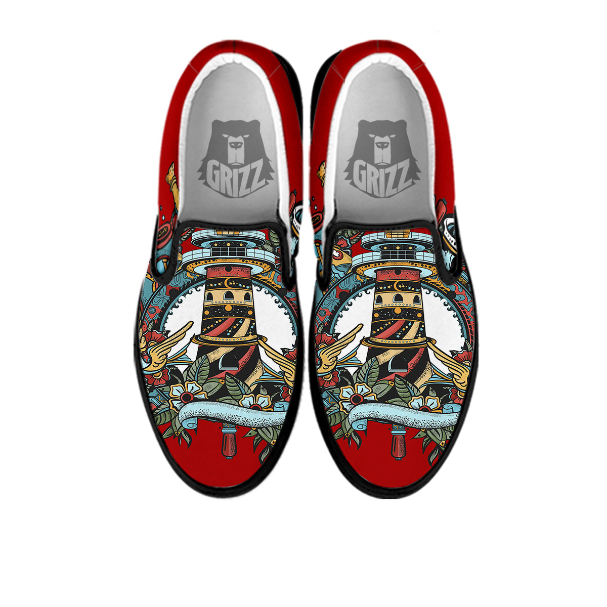 Lighthouse Sea Adventure Tattoo Print Black Slip On Shoes-grizzshop