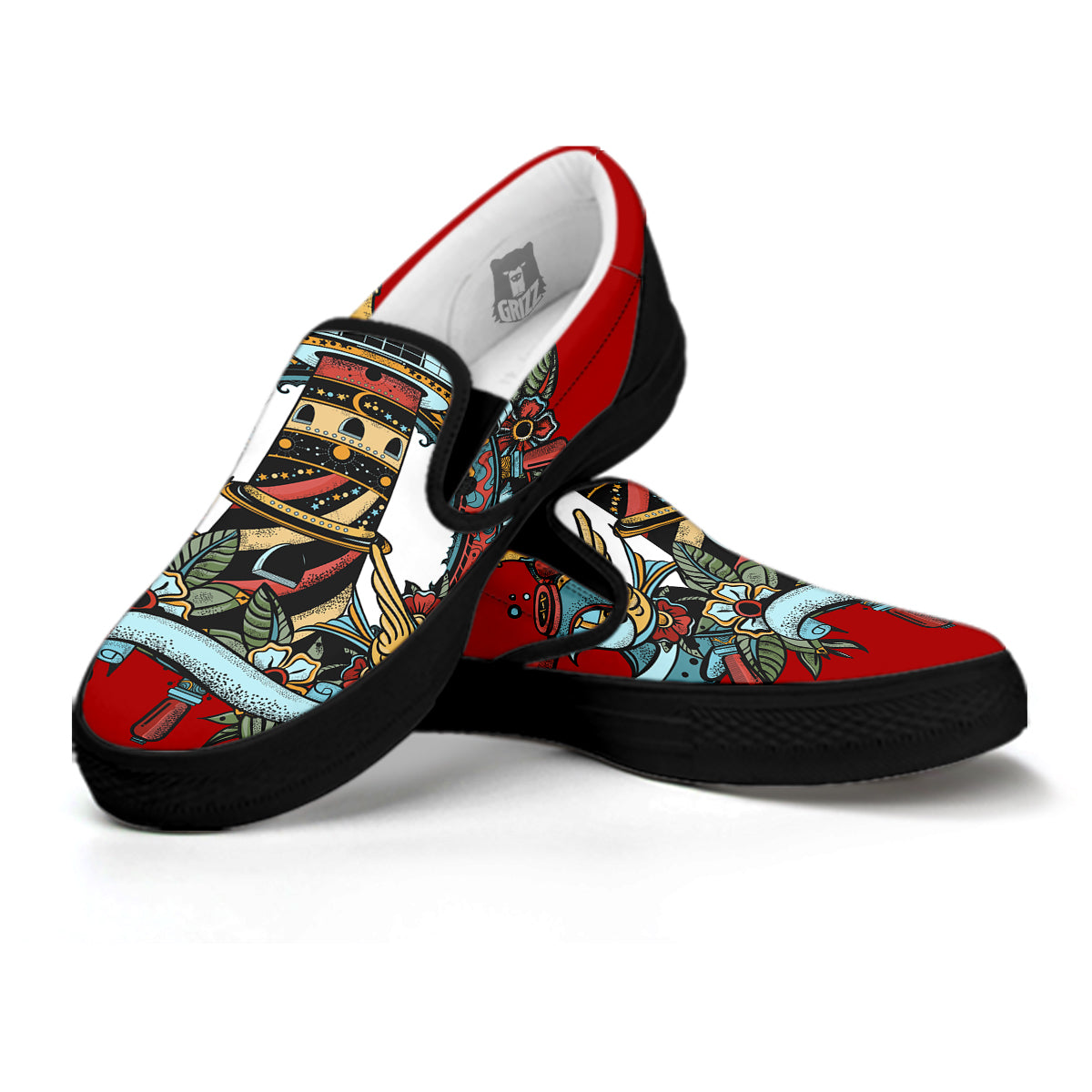 Lighthouse Sea Adventure Tattoo Print Black Slip On Shoes-grizzshop