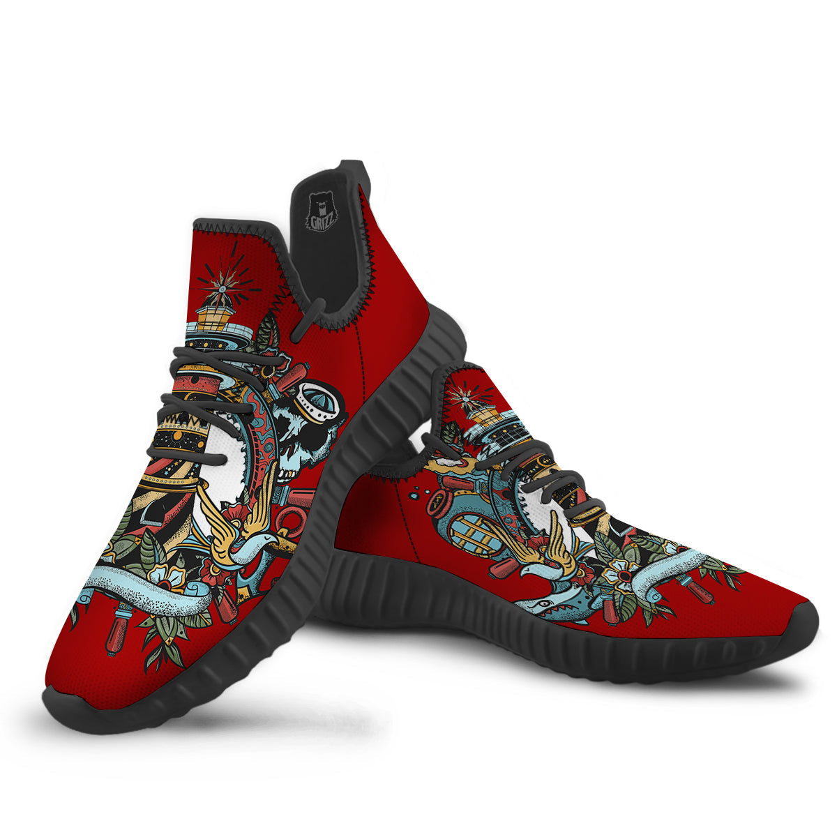 Lighthouse Sea Adventure Tattoo Print Black Walking Shoes-grizzshop