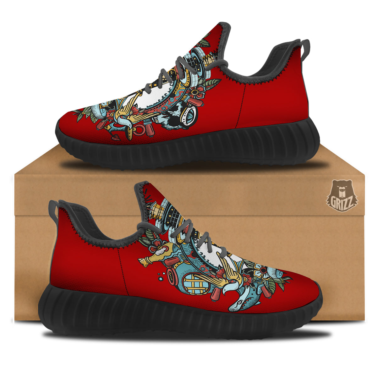 Lighthouse Sea Adventure Tattoo Print Black Walking Shoes-grizzshop