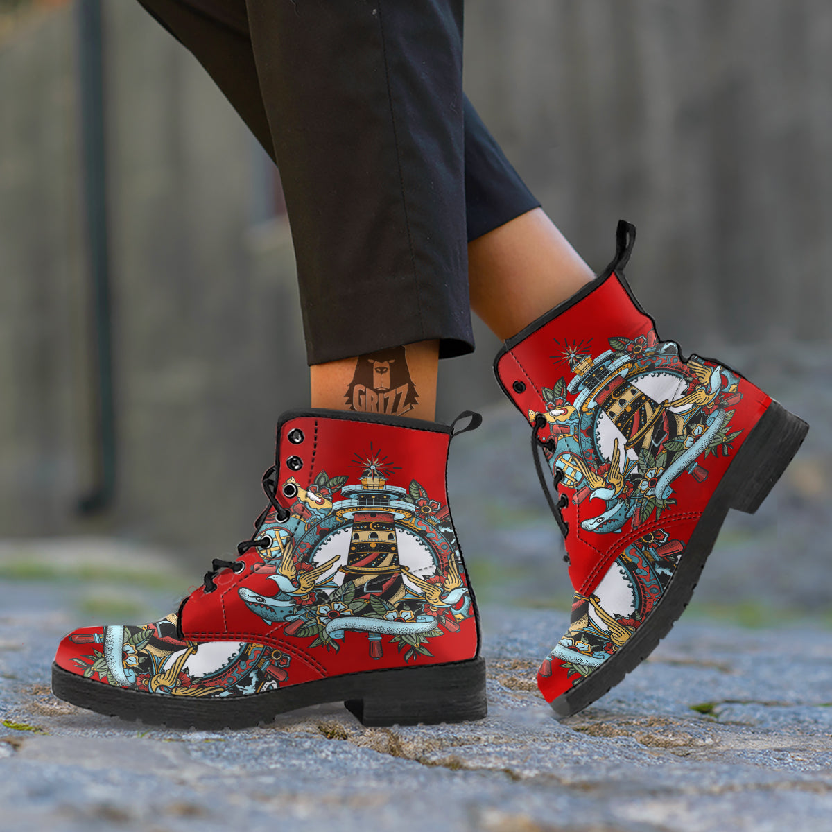 Lighthouse Sea Adventure Tattoo Print Leather Boots-grizzshop