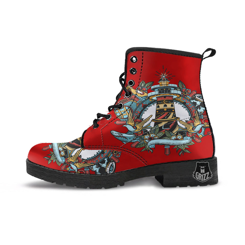 Lighthouse Sea Adventure Tattoo Print Leather Boots-grizzshop