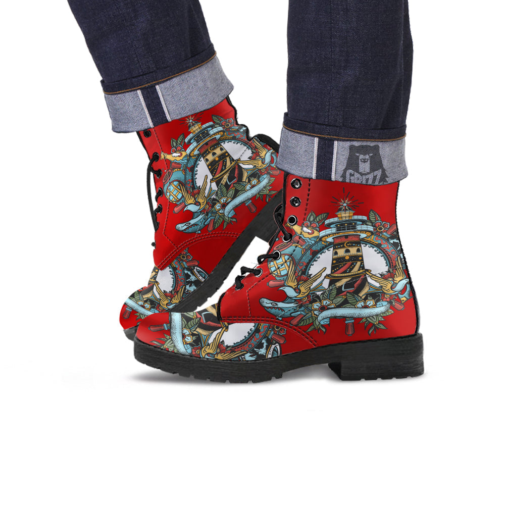 Lighthouse Sea Adventure Tattoo Print Leather Boots-grizzshop