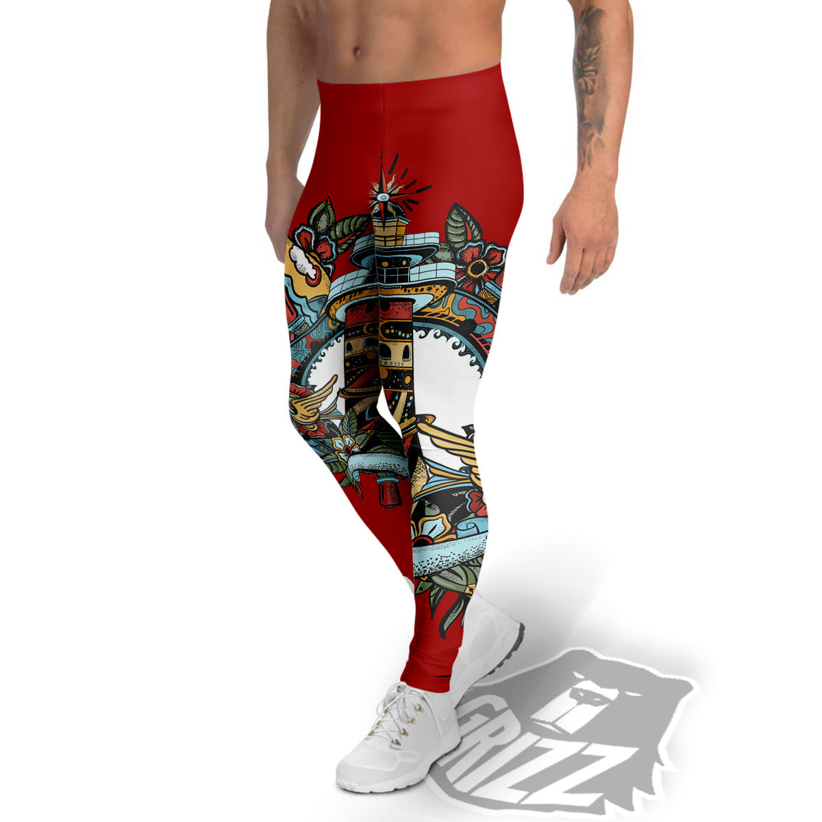 Lighthouse Sea Adventure Tattoo Print Men's Leggings-grizzshop