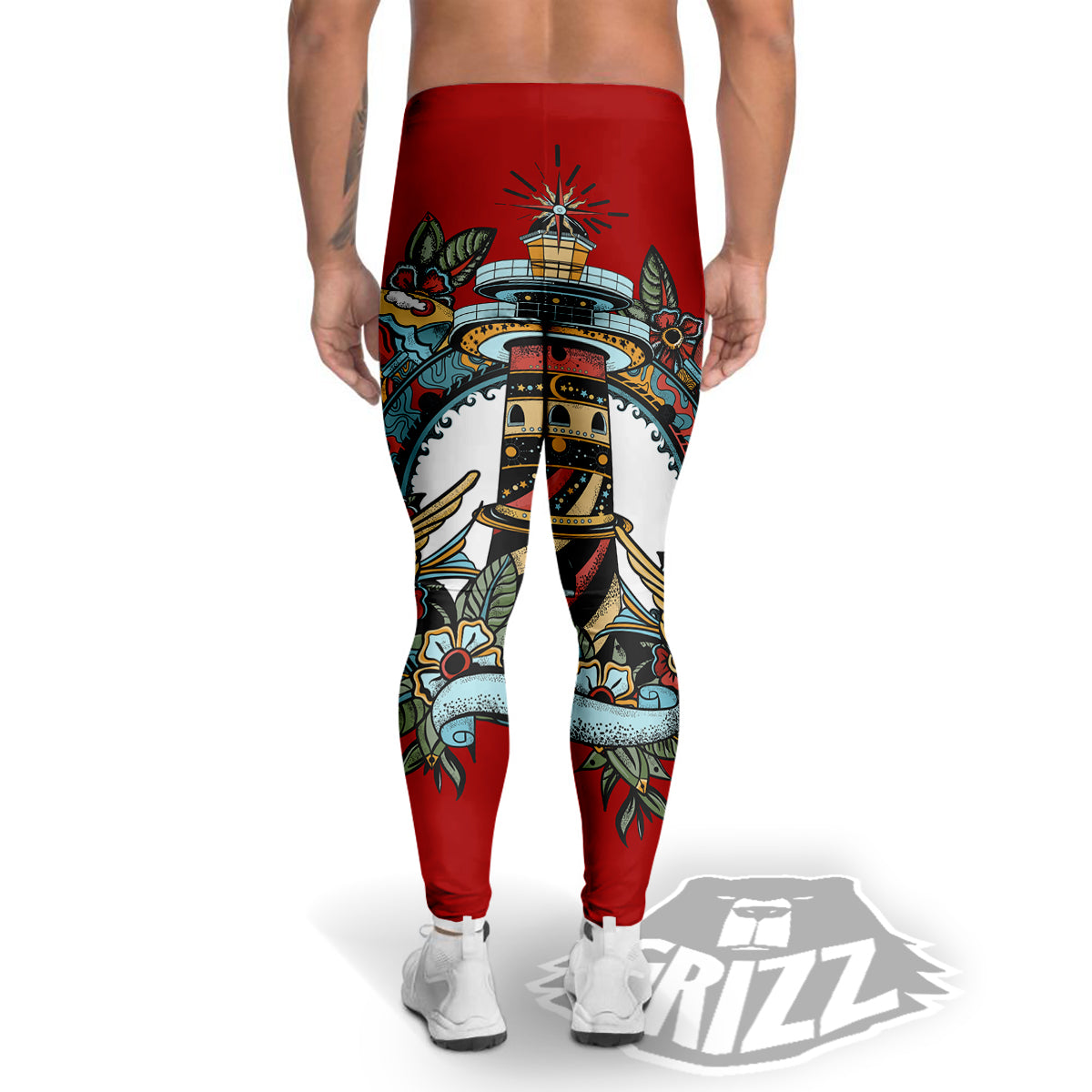 Lighthouse Sea Adventure Tattoo Print Men's Leggings-grizzshop