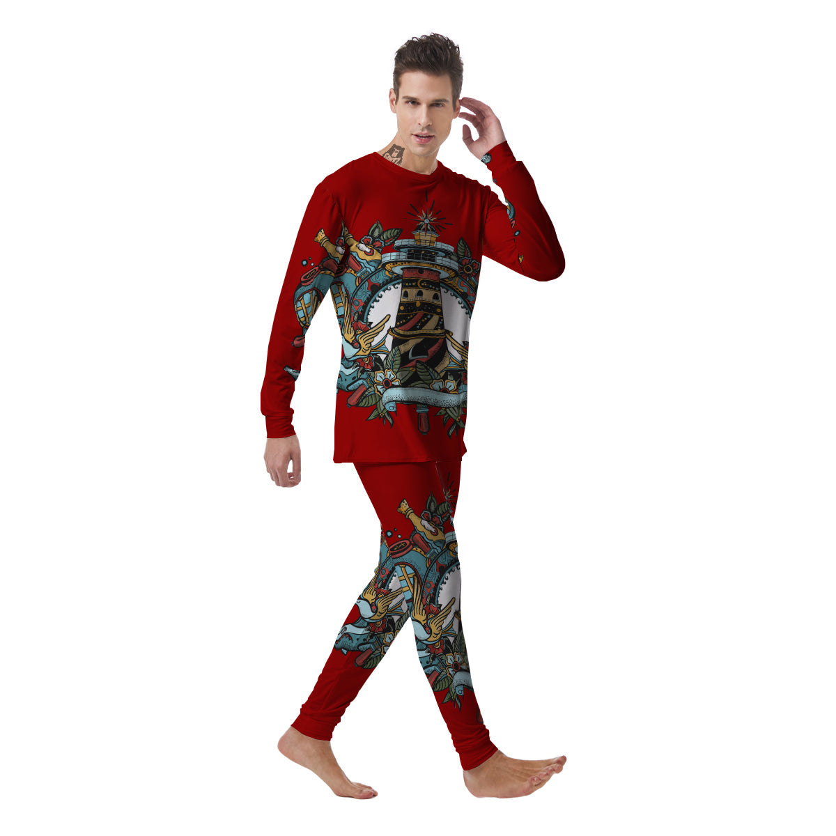 Lighthouse Sea Adventure Tattoo Print Men's Pajamas-grizzshop