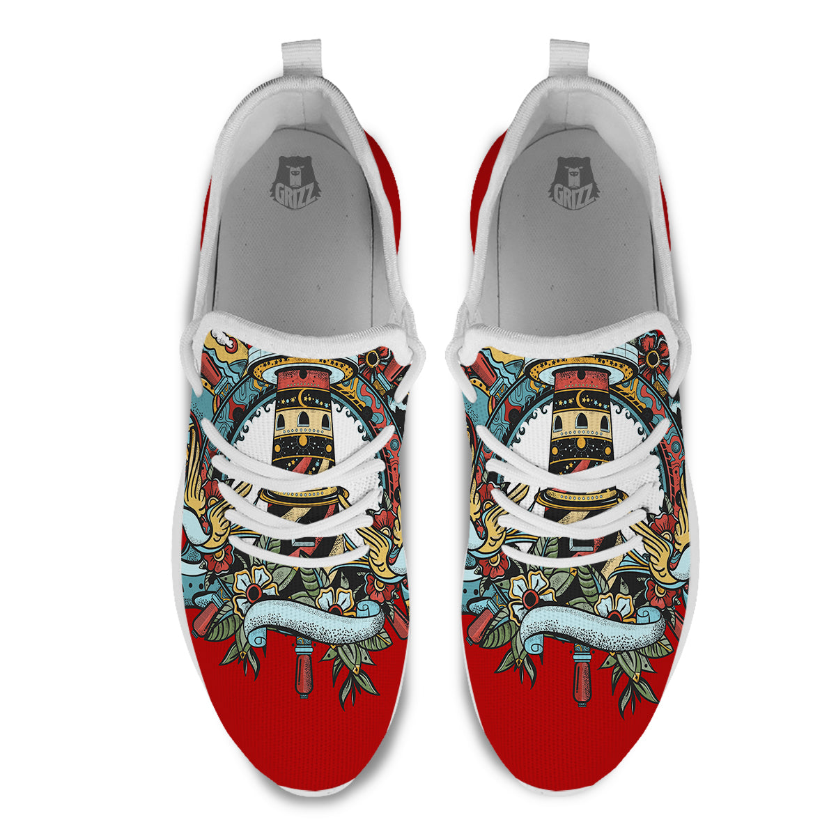 Lighthouse Sea Adventure Tattoo Print White Athletic Shoes-grizzshop