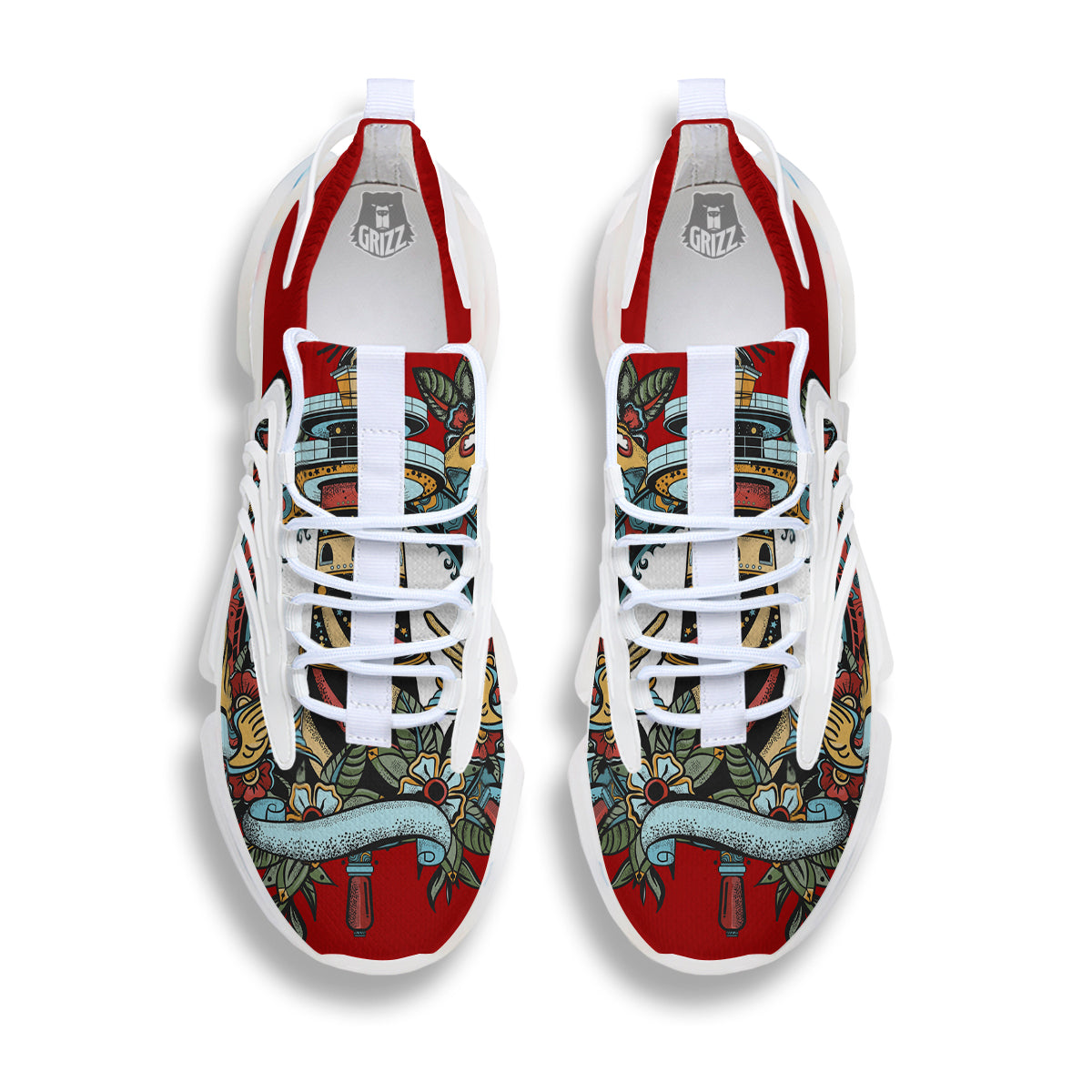 Lighthouse Sea Adventure Tattoo Print White Gym Shoes-grizzshop